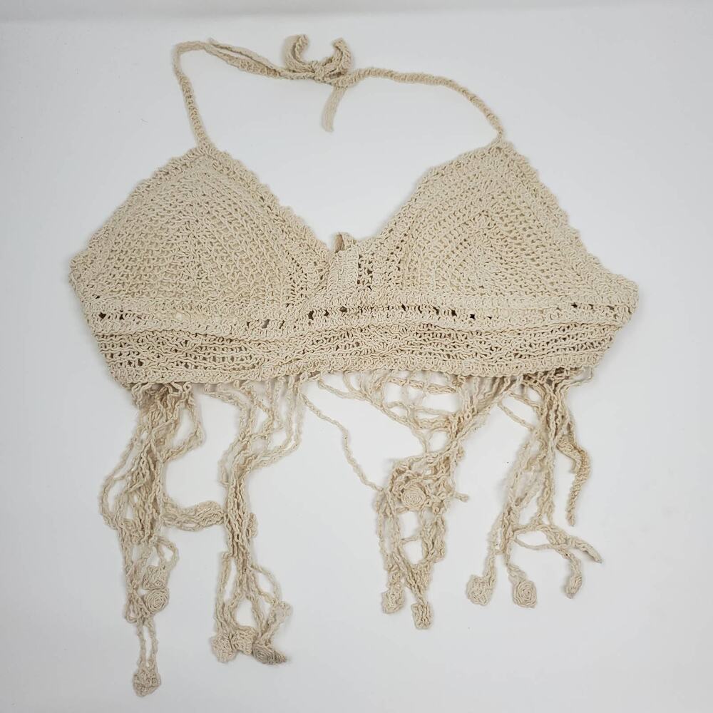 Shein Crochet Bikini Top with Frill Trim in Beige Size M